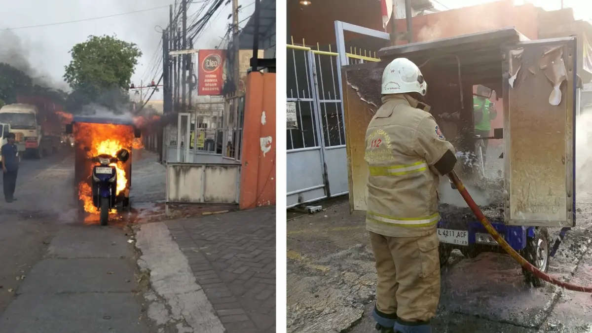 MENYALA: Kendaraan roda tiga bermuatan baju laundry yang terbakar di Jalan Tandes Lor, Surabaya. (IST/RADAR SURABAYA)