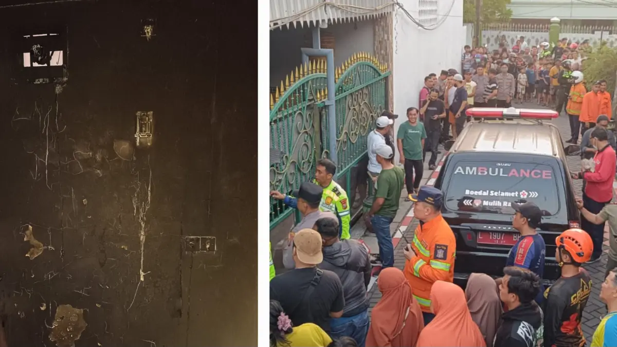 HANGUS: Kondisi kamar kakak beradik yang hangus terbakar. Nampak korban dievakuasi udah kebakaran di Jalan Simorejo XVI, Surabaya. (IST/RADAR SURABAYA)