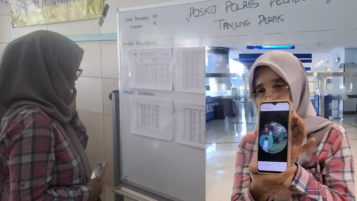 PERIKSA: Istiana, keluarga ABK Kapal Virgo Transport 8 saat melihat data manifes di GSN Surabaya. (GUNTUR IRIANTO/RADAR SURABAYA)