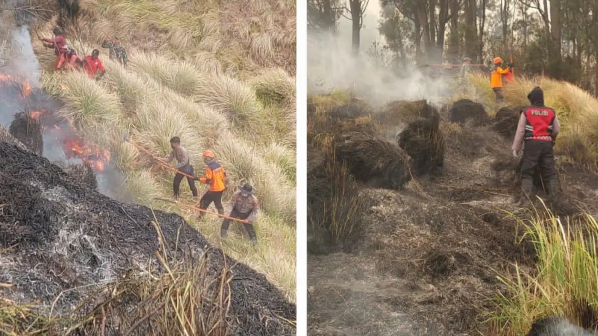 SIGAP: Anggota Polda Jatim saat melakukan penanganan kebakaran hutan dan lahan.(IST/RADAR SURABAYA)