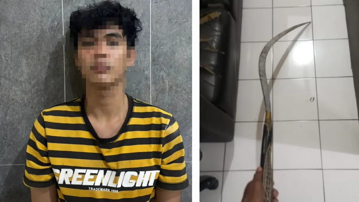 DIAMANKAN: Tersangka P, warga Rangkah, Surabaya, beserta sajam yang berhasil disita. Ia gagal sewakan sajam untuk tawuran.(IST/RADAR SURABAYA)