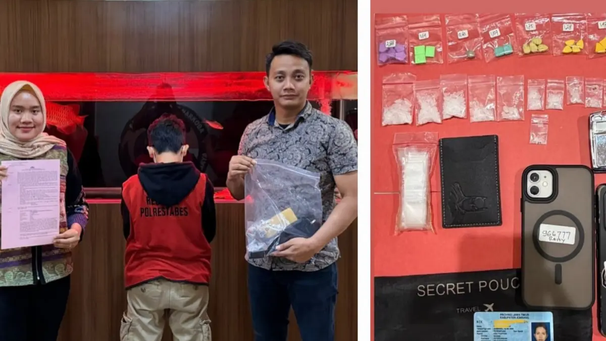 DITANGKAP: Tersangka RA warga Jombang saat diamankan Satresnarkoba Polrestabes Surabaya usai mengedarkan sabu dan pil ekstasi.(IST/RADAR SURABAYA)