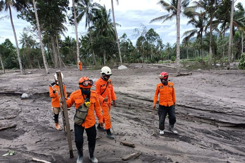 Tim SAR di lokasi pencarian Gunung Semeru, Senin (6/12). (ANTARA Jatim/SAR Surabaya)
