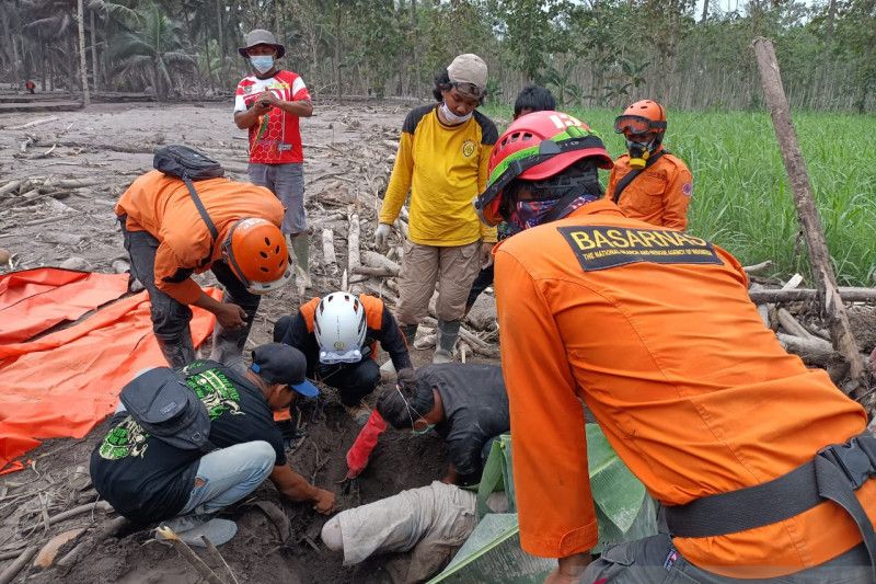 Tim evakuasi menemukan jenazah korban terdampak awan panas guguran di Kampung Renteng, Desa Sumberwuluh, Kecamatan Candipuro, Kabupaten Lumajang, Selasa (7/12/2021). (ANTARA/HO-Basarnas)