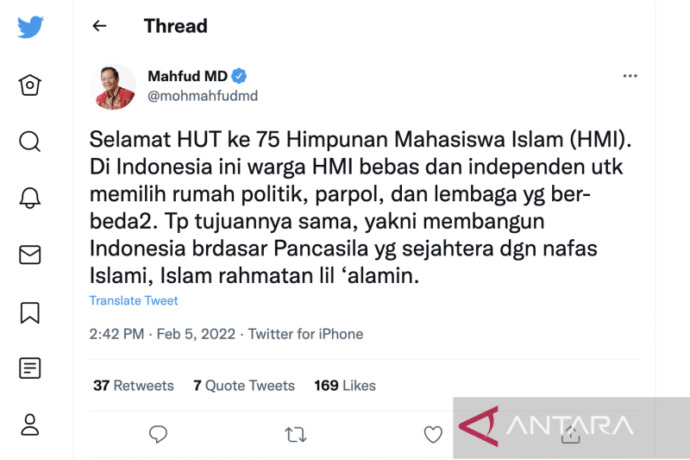 Tangkapan layar cuitan Menteri Koordinator Bidang Politik, Hukum, dan Keamanan (Menkopolhukam) Mahfud MD di akun Twitter resmi Mahfud MD dengan nama pengguna @mohmahfudmd yang dipantau dari Jakarta, Sabtu (5/2/2022). (ANTARA)