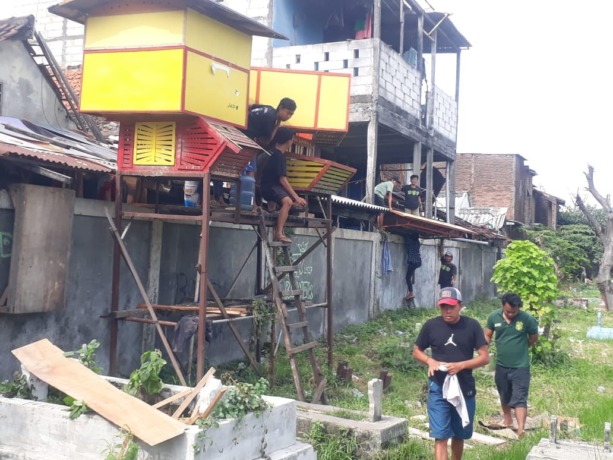 SANGKAR MERPATI: Petugas gabungan membongkar bekupon di Jalan Wonokusumo, Surabaya, Rabu (25/5) siang. (IST)