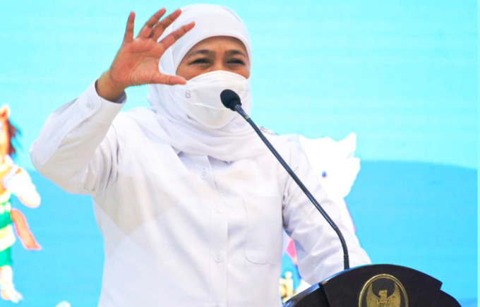 Gubernur Khofifah Indar Parawansa memberikan sambutan dalam launching maskot Porprov Jatim 2022. (ISTIMEWA)