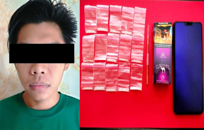 KETAHUAN: Tersangka AA ditahan di Polres Pelabuhan Tanjung Perak bersama barang bukti narkoba. (ISTIMEWA)