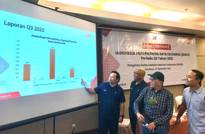 ANTI PHISHING: Ketua PANDI, Yudho Giri Sucahyo (kiri) bersama tim usai pemaparan terkait laporan phishing periode Q3 tahun 2022, Selasa (27/12). (NURUL AFIAH/RADAR SURABAYA)