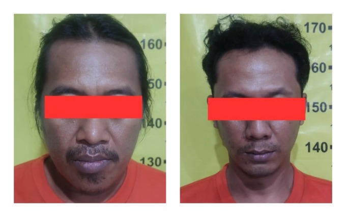 KETAHUAN: Tersangka MHJ dan AR diamankan bersama barang bukti di Polrestabes Surabaya. (IST)