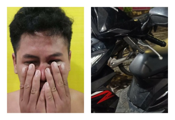 BELUM KAPOK: Tersangka Sariman diamankan bersama barang bukti sepeda motor di Polsek Bubutan, Surabaya. (IST)