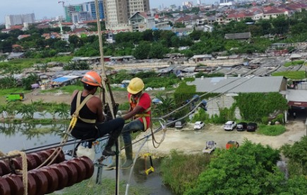 ENERGIZE: Tim PLN UIP JBBT saat melakukan pengerjaan pembangunan SUTT 150 kV Surabaya Selatan-Kalisari agar kebutuhan pasokan kelistrikan di Jatim tetap andal. (ISTIMEWA)