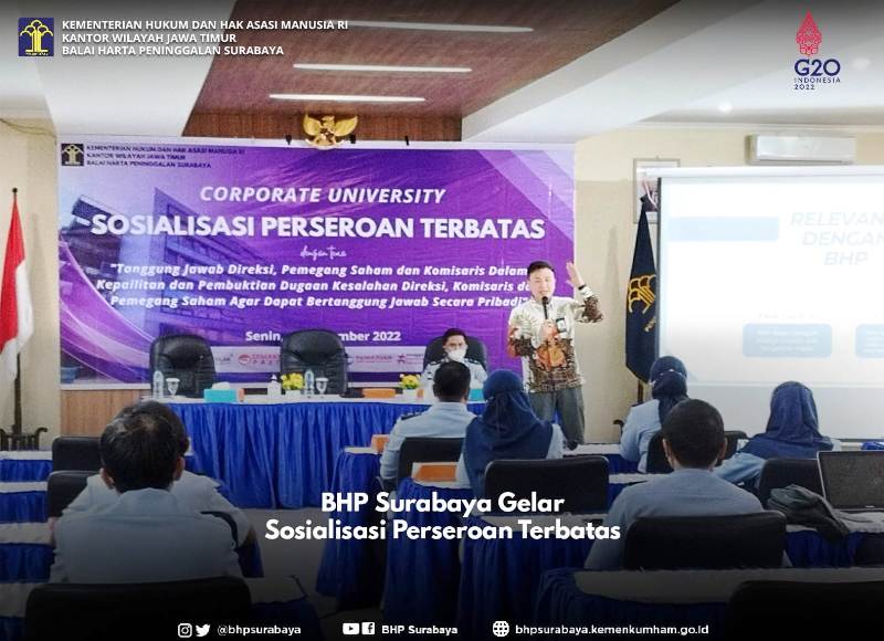 BERBAGI: Michael Sugijanto, Managing Partner dari Firma Hukum ANSUGI LAW di Surabaya menjadi pembicara di acara sosialisasi perseroan terbatas (PT) bertajuk Tanggung Jawab Direksi, Pemegang Saham dan Komisaris Dalam Kepailitan dan Pembuktian Dugaan Kesala