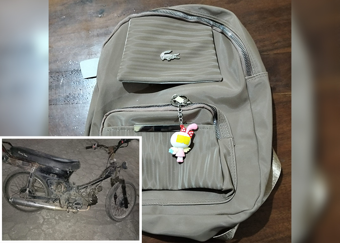 BARANG BUKTI: Tas kosong yang dicuri dan sepeda motor yang digunakan pelaku telah diamankan polisi.