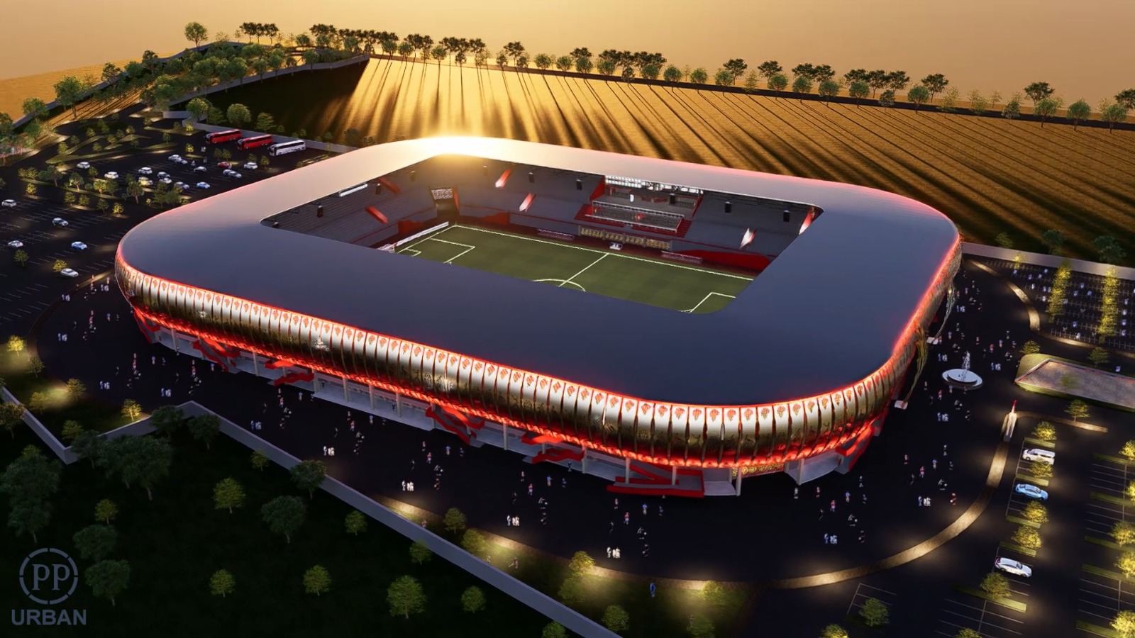 MEGAH: Desain stadion dengan fasilitas pendukung yang lengkap akan menjadikannya sebagai kawasan ekonomi baru di wilayah barat sungai yang mampu mendongkrak pendapatan masyarakat sekitar.