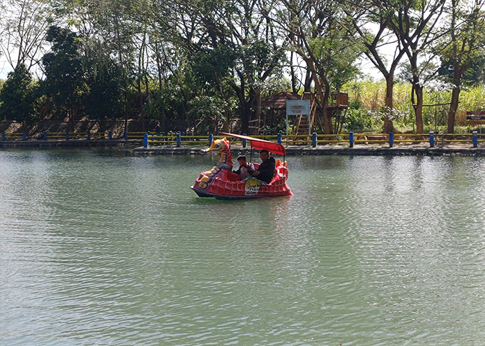 PERAHU KAYUH: Wahana perahu bebek menjadi penarik minat wisatawan berkunjuung ke Sumber Jiput.