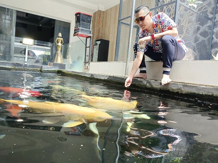RELAKSASI: Memberi makan ikan koleksinya menjadi cara Ronny Siswanto menghilangkan penat setelah sibuk dengan berbagai urusan.