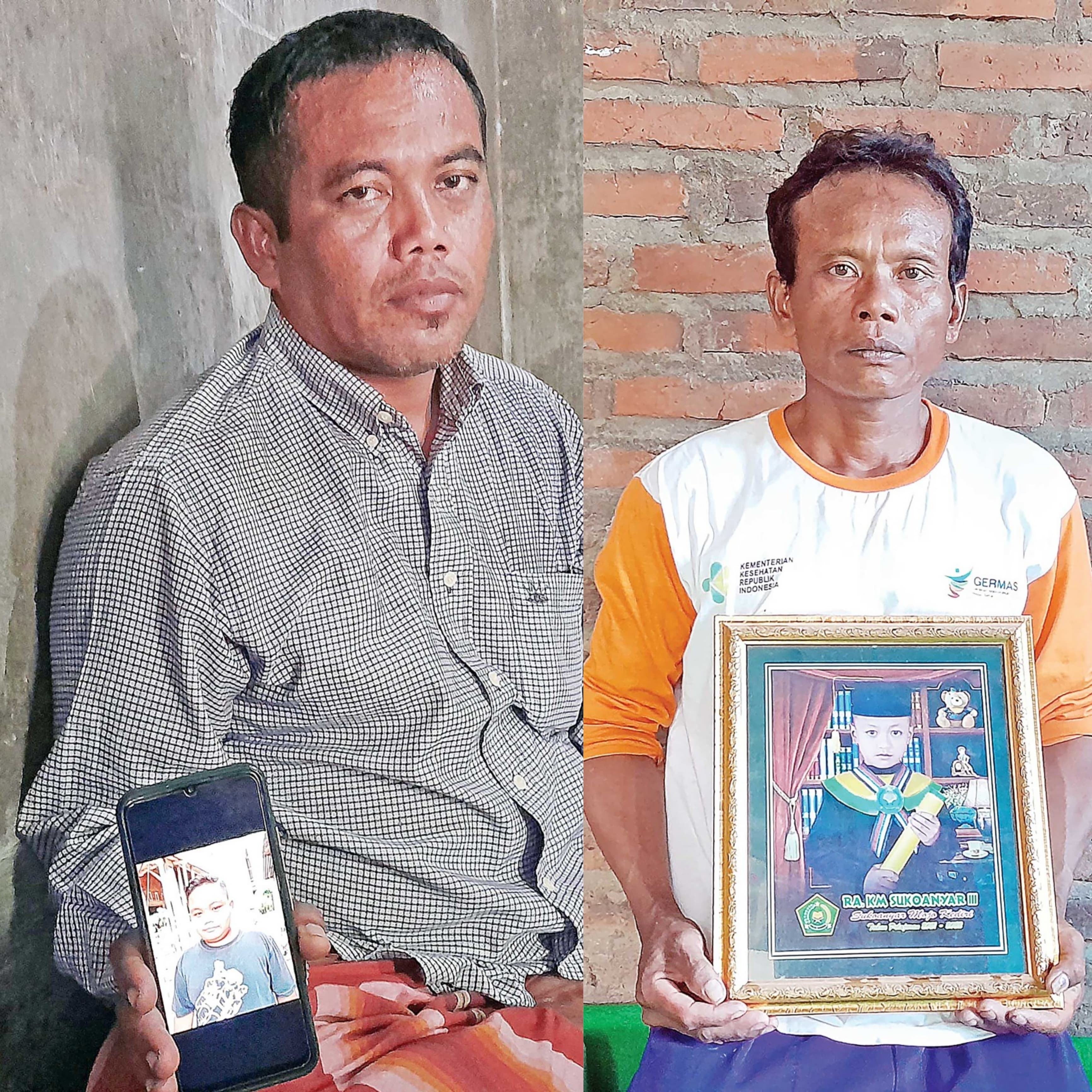 SEDIH: Hambali (kiri) dan Husen menunjukkan foto anaknya yang ditemukan tewas di Dam. (Foto: Emilia Susanti)