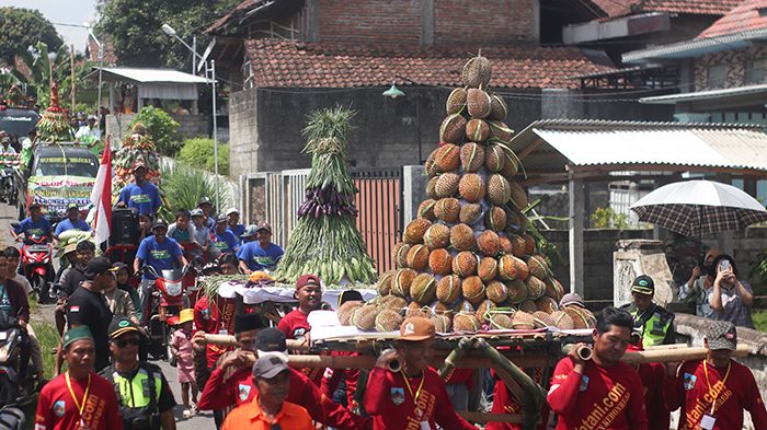 ARAK-ARAKAN: Warga Desa Kebonrejo, Kepung mengusung tumpeng durian saat berlangsungnya acara Jambore Duren kemarin.