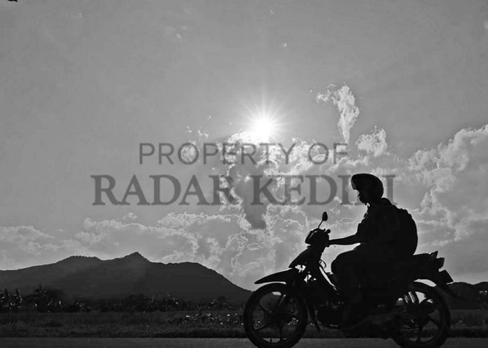 TERIK: Seorang pengendara motor melintas di areal persawahan Kelurahan Bujel, Kecamatan Mojoroto. Musim kemarau lebih awal terjadi di lima kecamatan di wilayah Kediri Selatan.