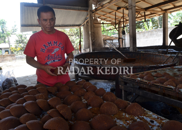 UNGGULAN: Agus Mustofa menunjukan gula merah yang telah jadi. Gula merah buatannya merupakan produk unggulan di Desa Rejomulyo
