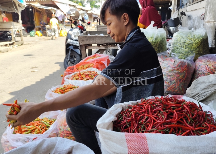 Pedagang di Pasar Grosir Ngronggo menjual cabai rawit. Kenaikan harga bisa menjadi ancaman inflasi dan panic buying.
