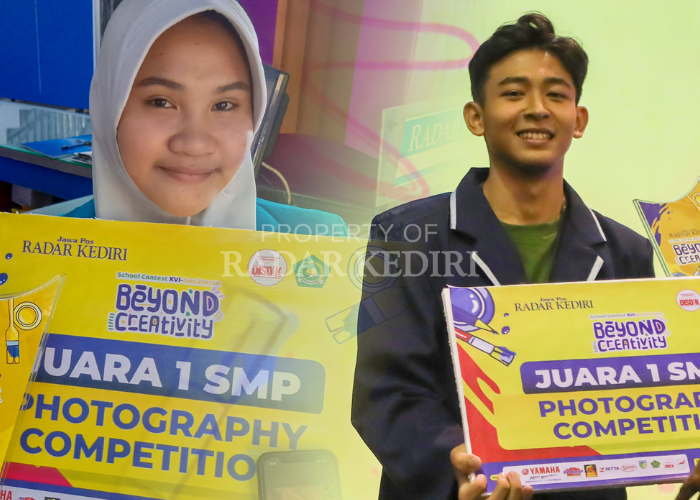 BANGGA: Tsania Rossa Elysia (foto kiri) dan Muqorrobin Muhammad menunjukkan trofi juara Photography Competition.