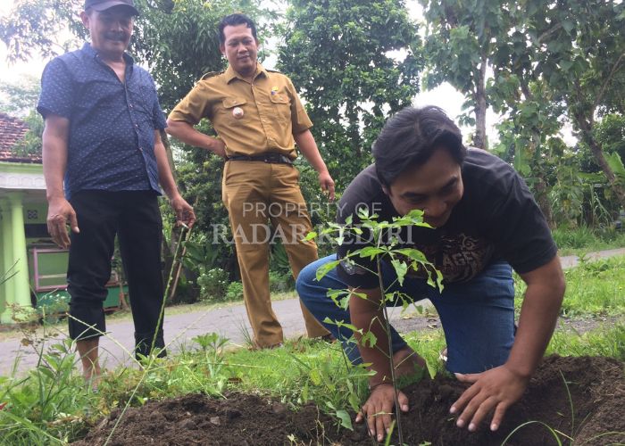 PENGHIJAUAN: Anggota Karang Taruna dan Perangkat Desa Silir, Kecamatan Wates melakukan penanam pohon.