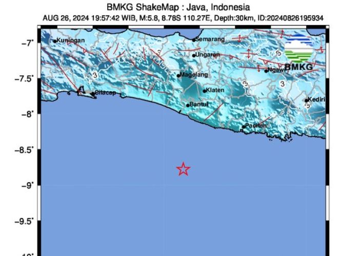 TITIK GEMPA Shakemap BMKG menunjukkan lokasi gempa di Jogja yang getarannya sampai di Kediri