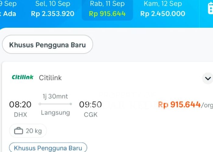 SCREENSHOT APLIKASI: Jadwal penerbangan rute Kediri-Jakarta menggunakan maskapai Citilink hanya satu kali dalam seminggu.