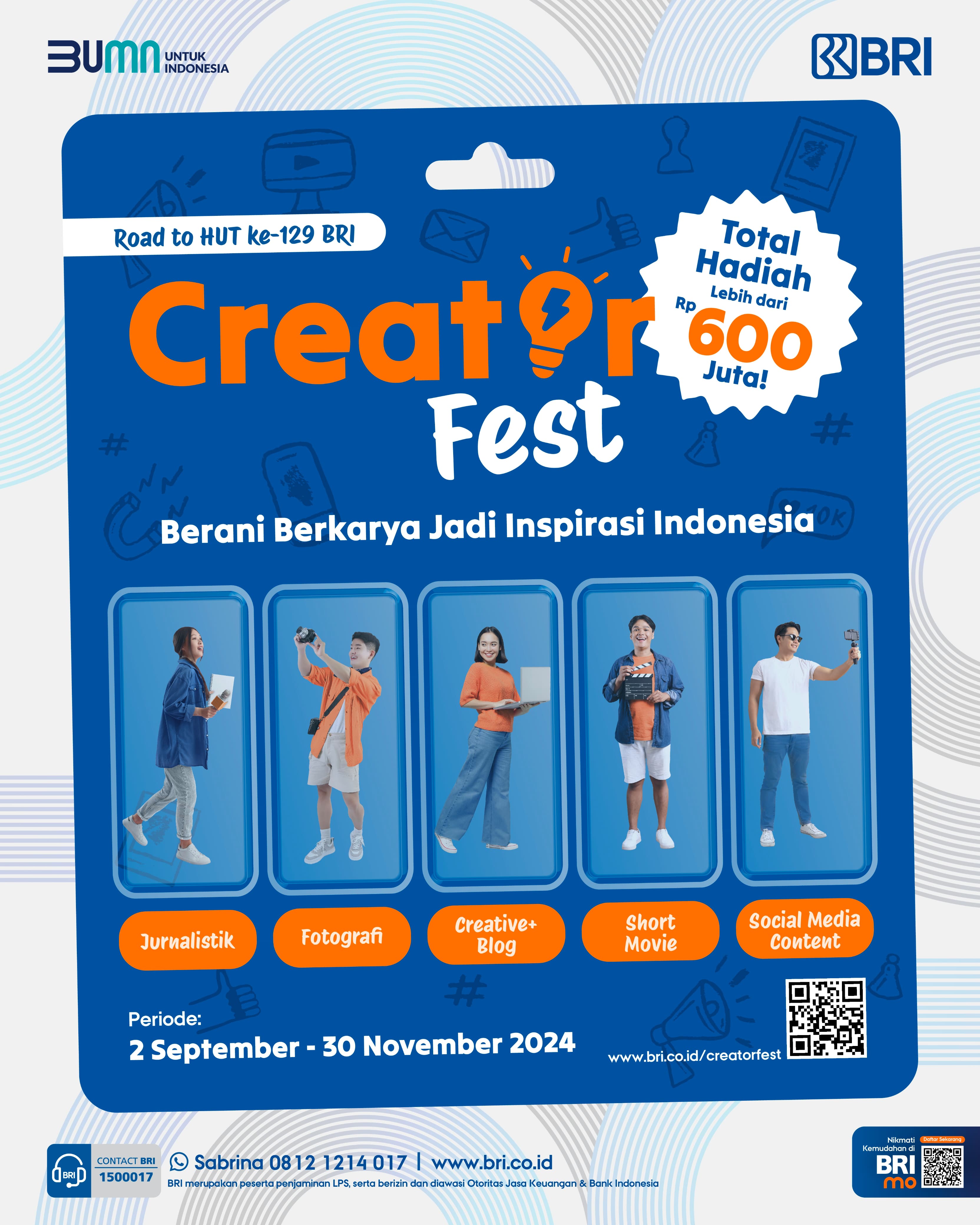 Dalam rangka menyambut hari jadi ke-129 tahun yang akan jatuh pada 16 Desember 2024 nanti, PT. Bank Rakyat Indonesia (Persero) Tbk menggelar "BRI Creator Fest 2024".