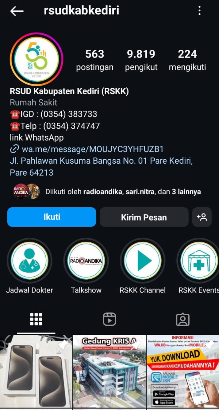 WASPADA: Akun IG RSUD Kabupaten Kediri yang diretas pihak tidak bertanggung jawab.