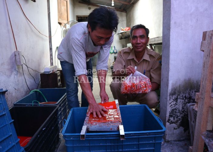 KREATIF: Khairul Anwar dan Kades Kedungmalang Edi Sumitro mengecek produksi jelly lapis.