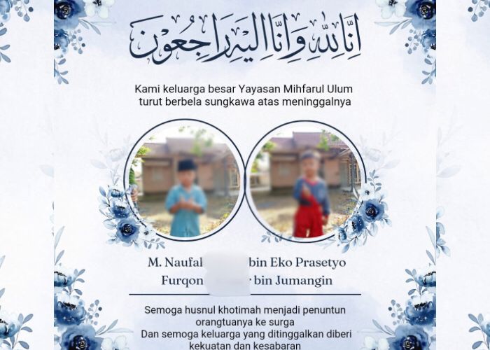DUKA MENDALAM: Ucapan duka atas meninggalnya dua bocah TK yang tewas tenggelam di sungai Desa Mojoayu, Plemahan.