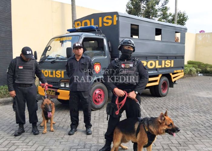 Unit K-9 Polres Kediri Kota usai melakukan latihan dengan anjing yang biasa dilibatkan di berbagai kegiatan kepolisian.