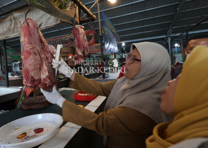 SIDAK: Petugas DKPP Kabupaten Kediri memeriksa daging sapi  di Pasar Tradisional Gringging, Kecamatan Grogol.