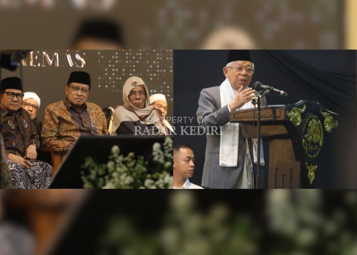 BERI SELAMAT: Wakil Presiden RI 2019-2024 Ma&rsquo;ruf Amin memberikan sambutan dalam peringatan satu abad Ponpes Al Falah, Ploso pada Rabu (1/1) malam. Foto kiri, sejumlah tokoh nasional mulai Menko Bidang