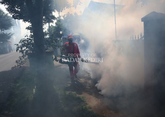 MENEMBUS ASAP: Petugas dinkes menyemprotkan asap dari mesin fogging di RT 13 RW 5 Kelurahan Blabak, Kecamatan Pesantren, Kota Kediri. Di kelurahan ini belasan orang terkena penyakit demam dengan tanda
