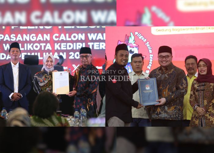 PEMIMPIN KEDIRI: Wali Kota Terpilih Vinanda Prameswati dan Wakil Wali Kota Terpilih Qowimuddin Thoha menunjukkan salinan SK penetapan kepala daerah terpilih didampingi Ketua KPU Kota Kediri Reza Crist