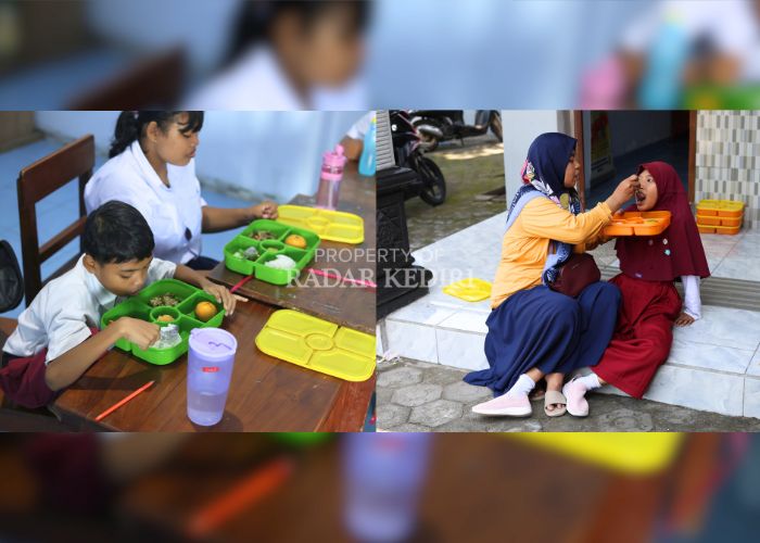 LAHAP: Siswa SLB Pelita Hati di Desa Padangan, Kayenkidul menyantap menu makan bergizi gratis hari kedua. Jika di hari pertama (13/1) paket makanan baru datang pukul 11.00, kemarin makanan sudah diter