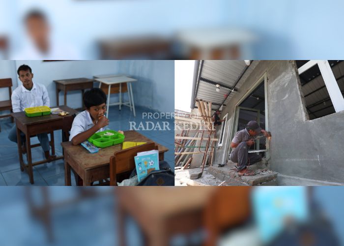 LAHAP: Siswa SLB Biasa (SLB) Pelita Hati di Dusun Ringinsari, Desa Padangan, Kayenkidul mengonsumsi menu makan gratis. Khusus untuk Kecamatan Pare harus menunggu penyelesaian dapur yang masih tahap fi