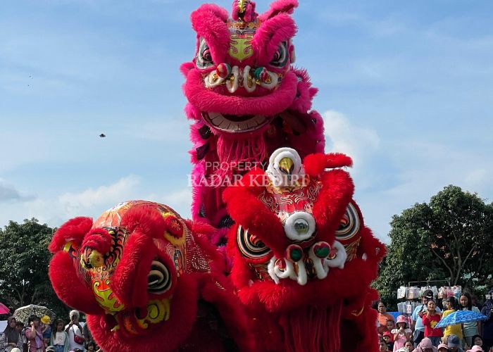 MEMUKAU: Tiga barongsai beraksi di hadapan ribuan penonton di lapangan Rondokuning, Desa/Kecamatan Gurah. Pertunjukan itu untuk menyambut Imlek 2576.
