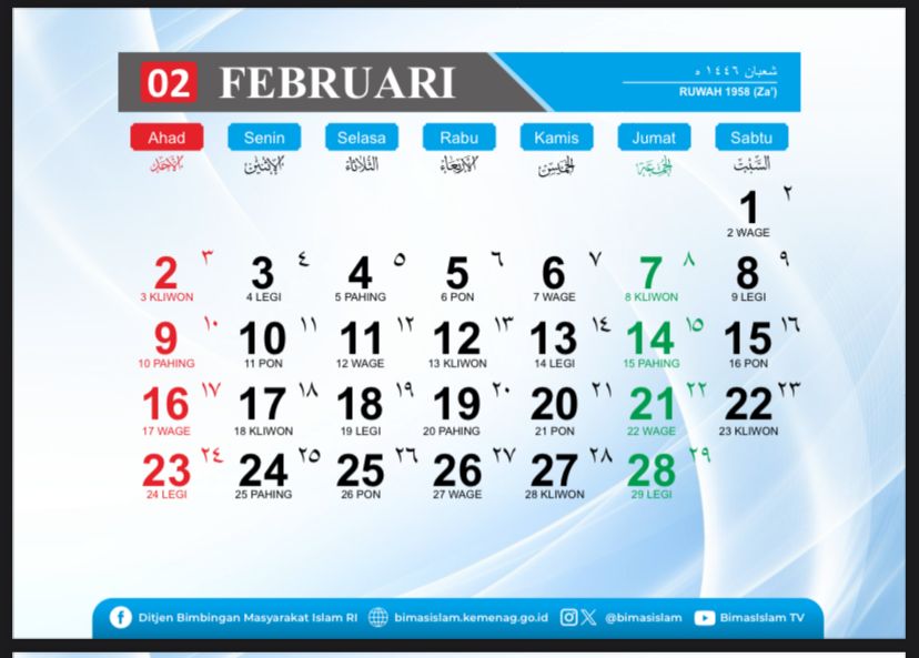 Kalender bulan Februari 2025 yang dirilis Kemenag RI
