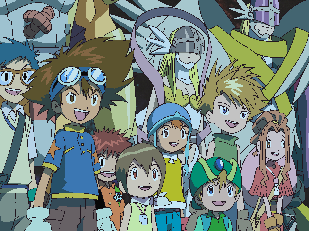 Ilustrasi remake digimon adventure 2020, para anak-anak terpilih bersama digimonnya.
