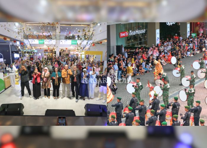 MERIAH: Letupan konfeti yang dipegang oleh Pj Wali Kota Zanariah, Ketua DPRD Kota Firdaus, Direktur JP Radar Kediri Kurniawan Muhammad, dan sejumlah undangan menandai dimulainya Kediri Beauty Fest 202