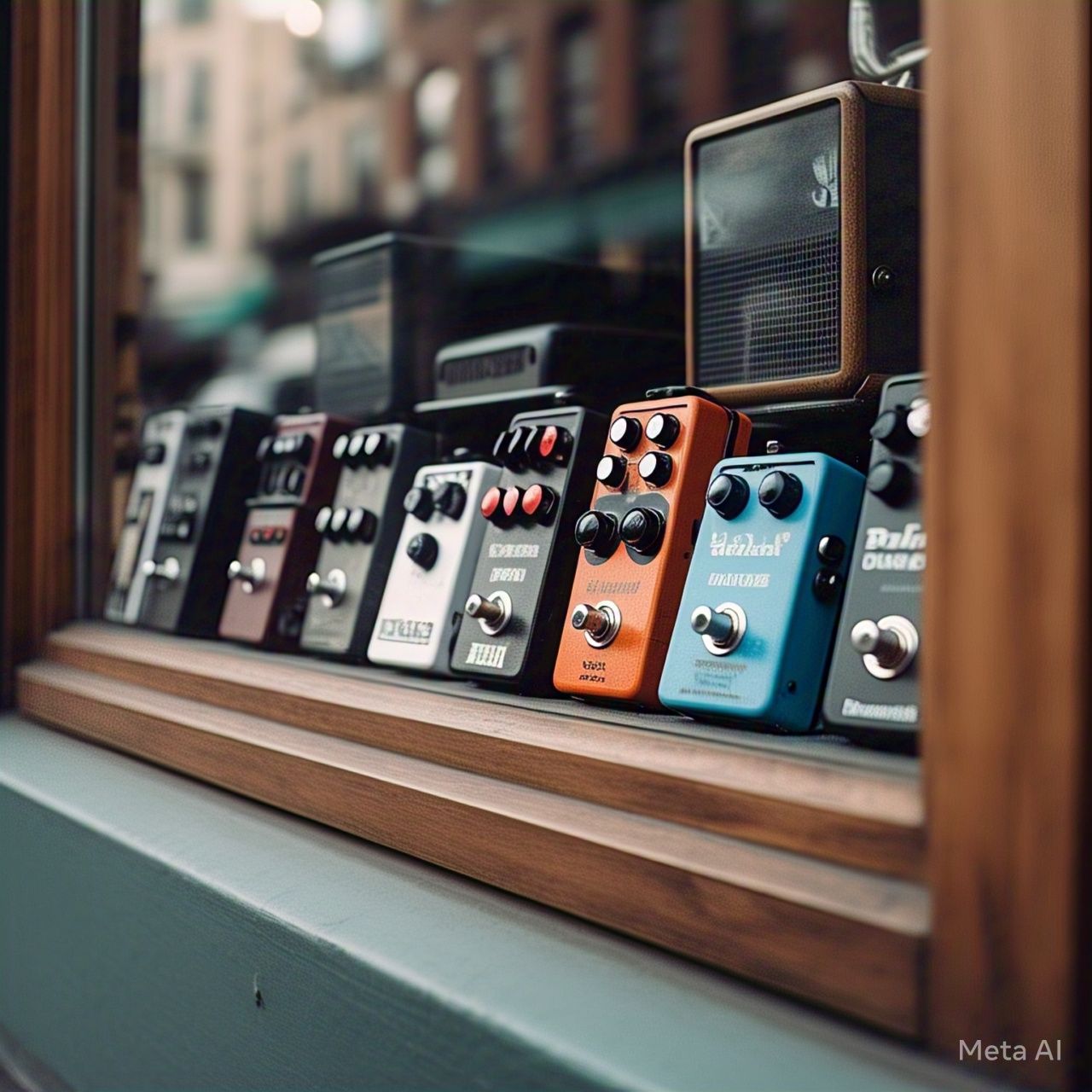 Pedal efek pada gitar.