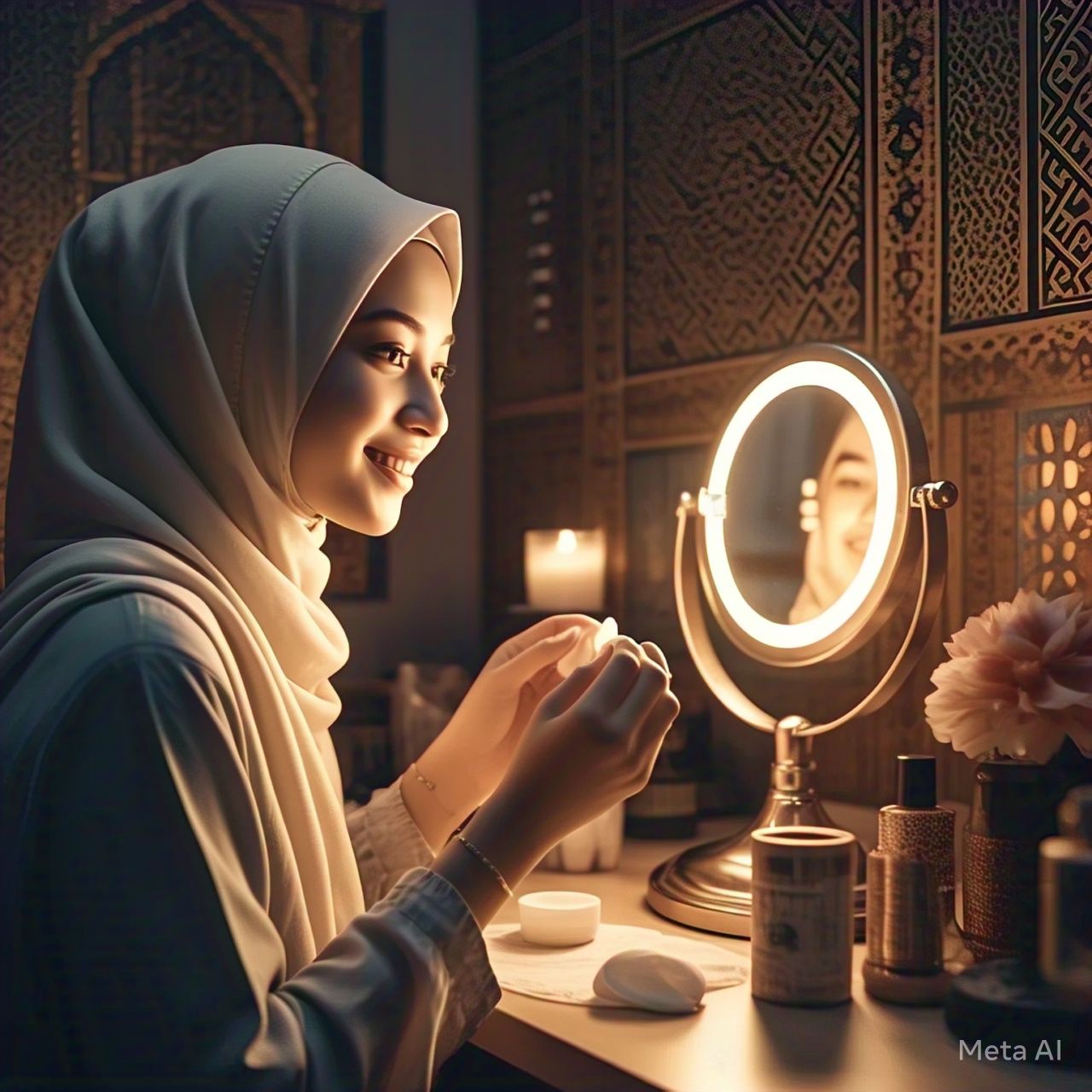 Ilustrasi seorang perempuan sedang menggunakkan skincare.