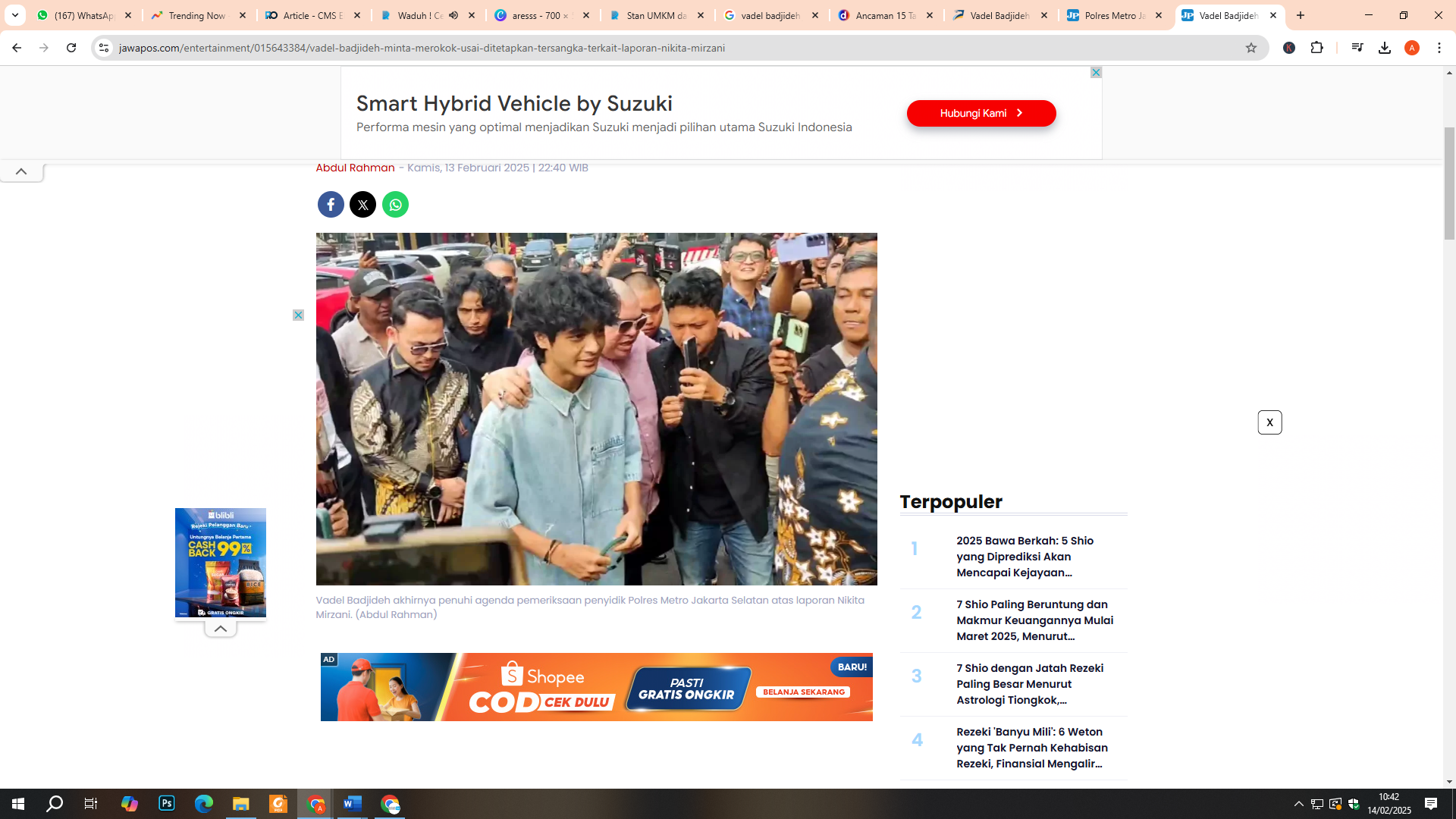 Vadel Badjideh saat hadiri pemeriksaan penyidik Polres Metro Jakarta Selatan