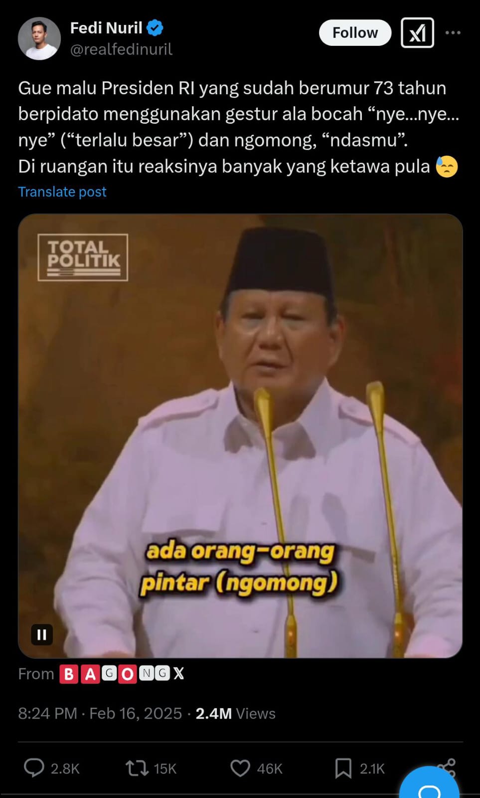 Cuitan Fedi Nuril terhadap gestur Prabowo Subianto