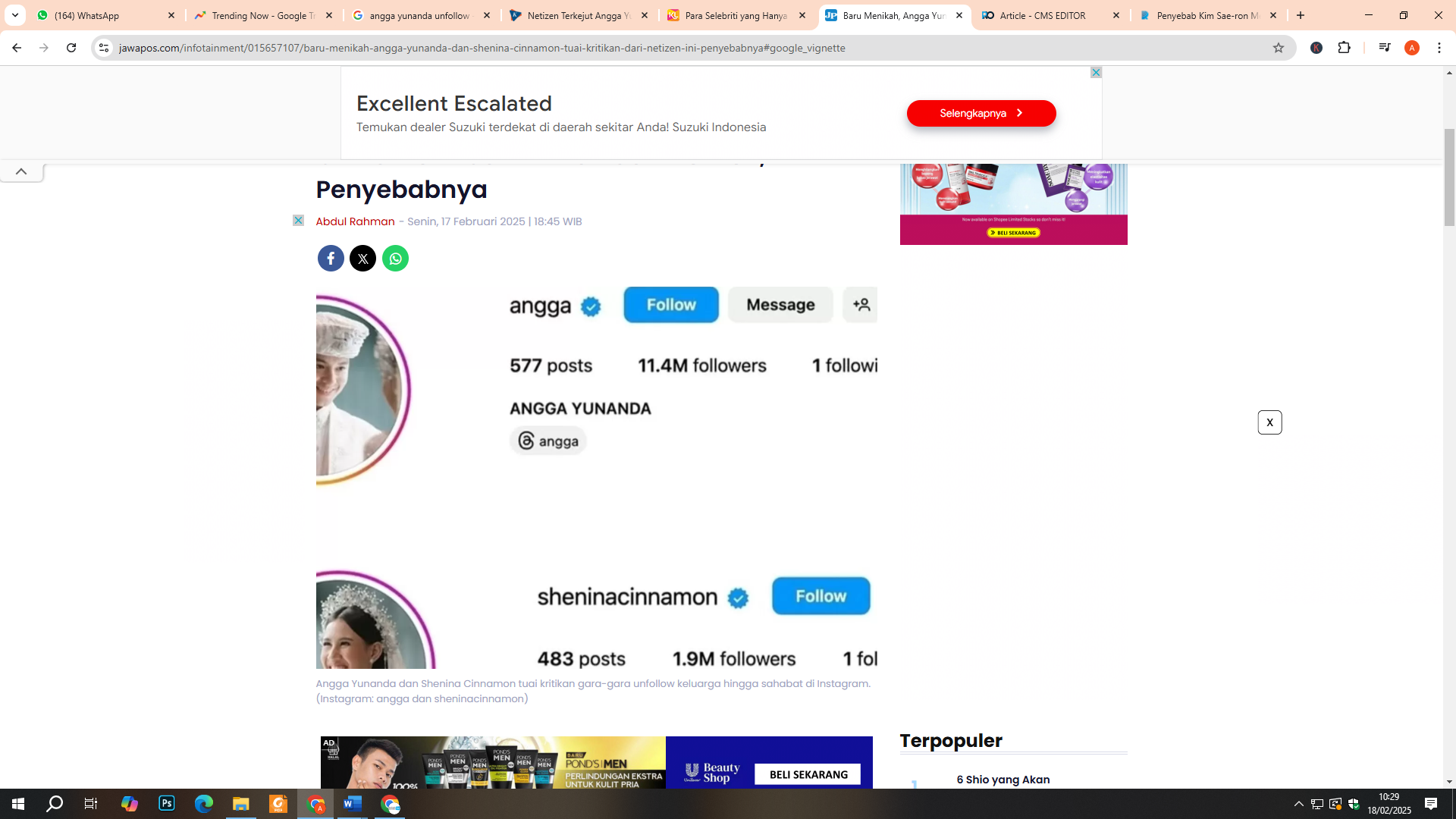 Tampilan pengikut dan yang diikuti Angga Yunanda dan Shenina Cinnamon di Instagram
